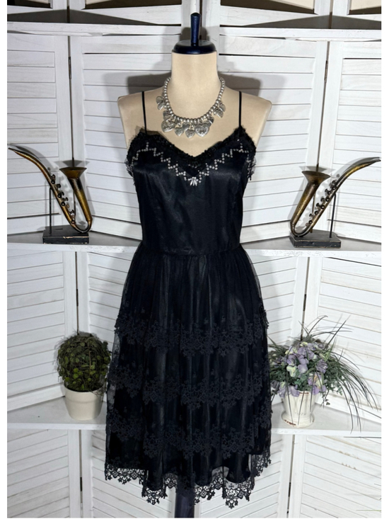 Vintage Dresses & Skirts - Y2K babydoll dress beaded lace tiered floral mesh whimsigoth homecoming fairy M